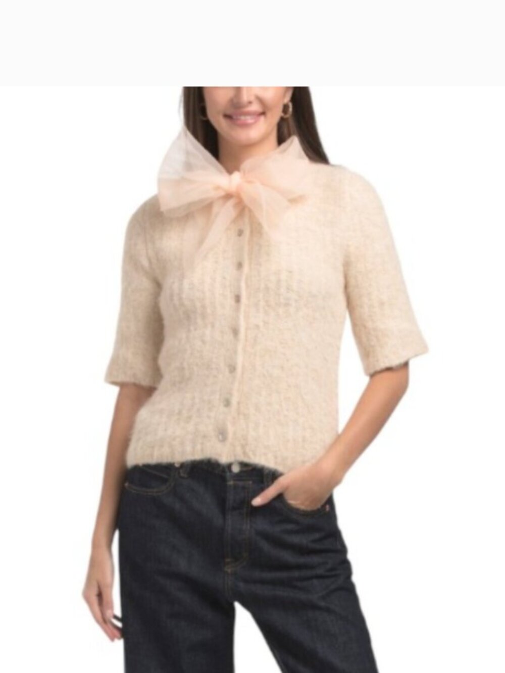 NWT GREIGE Organza Bow Short Sleeve Cardigan S
